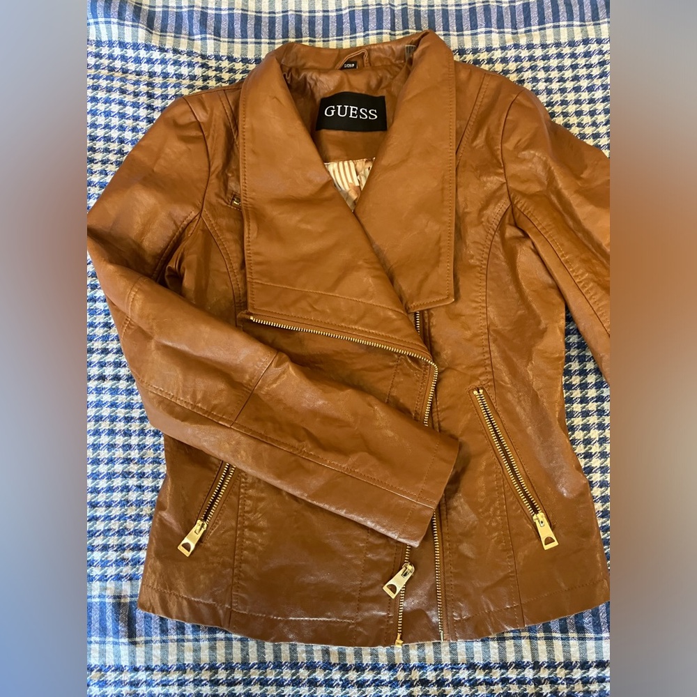 Guess Faux Leather Motorcycle Jacket. Tan. Small. Lapels.